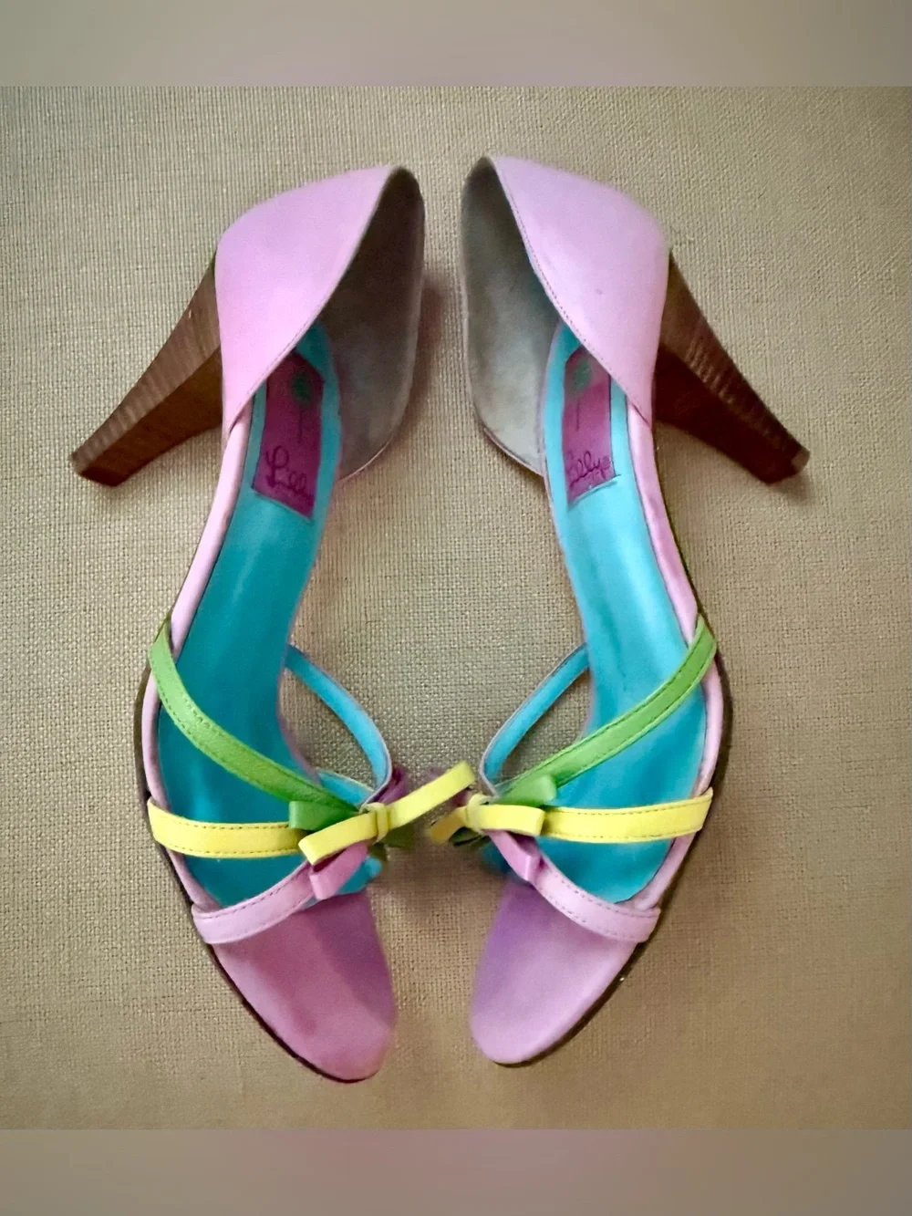 Vintage Lilly Pulitzer Pink Open-Toe Heels with Multicolor Bow Made in Italy